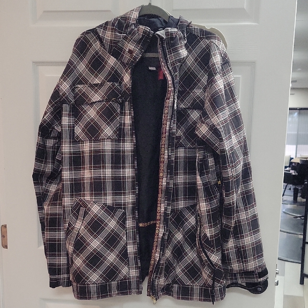 Quicksilver Men's Black and White Plaid Jacket Gently Used Size M